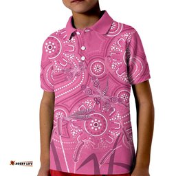 Australia Indigenous Pink Month Kid Polo Shirt Breast Cancer Aboriginal Dragonflies Ribbon LT14