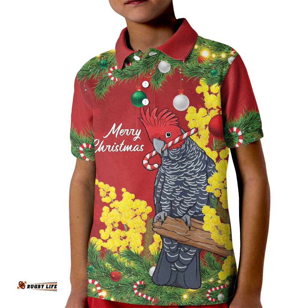 Australia Gang-gang Cockatoo Christmas Kid Polo Shirt Callocephalon Fimbriatum Golden Wattle Red LT14