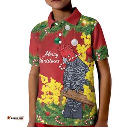 Australia Gang-gang Cockatoo Christmas Kid Polo Shirt Callocephalon Fimbriatum Golden Wattle Red LT14