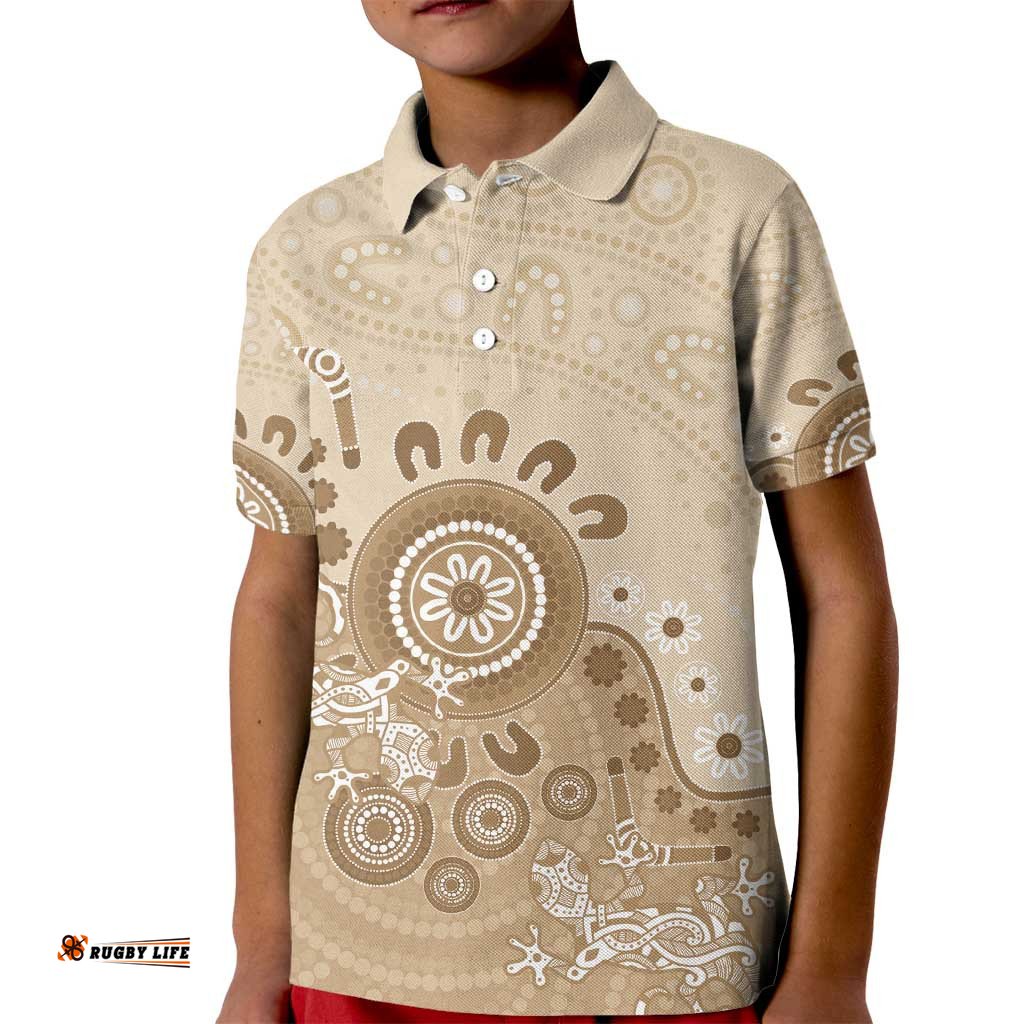 Beige Lizards Australia Kid Polo Shirt Boomerang Indigenous Art LT14