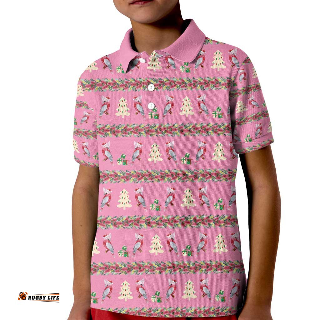 Australia Pink Galah Christmas Kid Polo Shirt Eolophus Roseicapilla Bottlebrush Seamless LT14