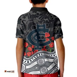 Carlton Blues ANZAC Day Kid Polo Shirt Indigenous Dot Art with Poppy Flower Tribute TS04