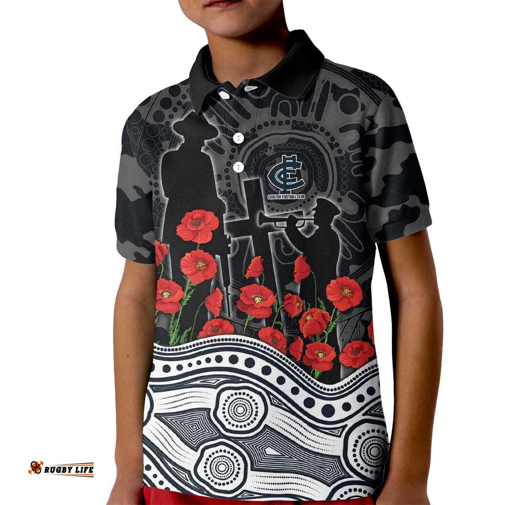 Carlton Blues ANZAC Day Kid Polo Shirt Indigenous Dot Art with Poppy Flower Tribute TS04