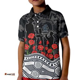 Carlton Blues ANZAC Day Kid Polo Shirt Indigenous Dot Art with Poppy Flower Tribute TS04