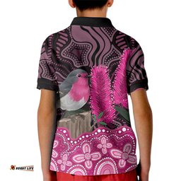 Australia Indigenous Kid Polo Shirt Breast Cancer Pink Robin Bottlebrush Aboriginal Art LT14