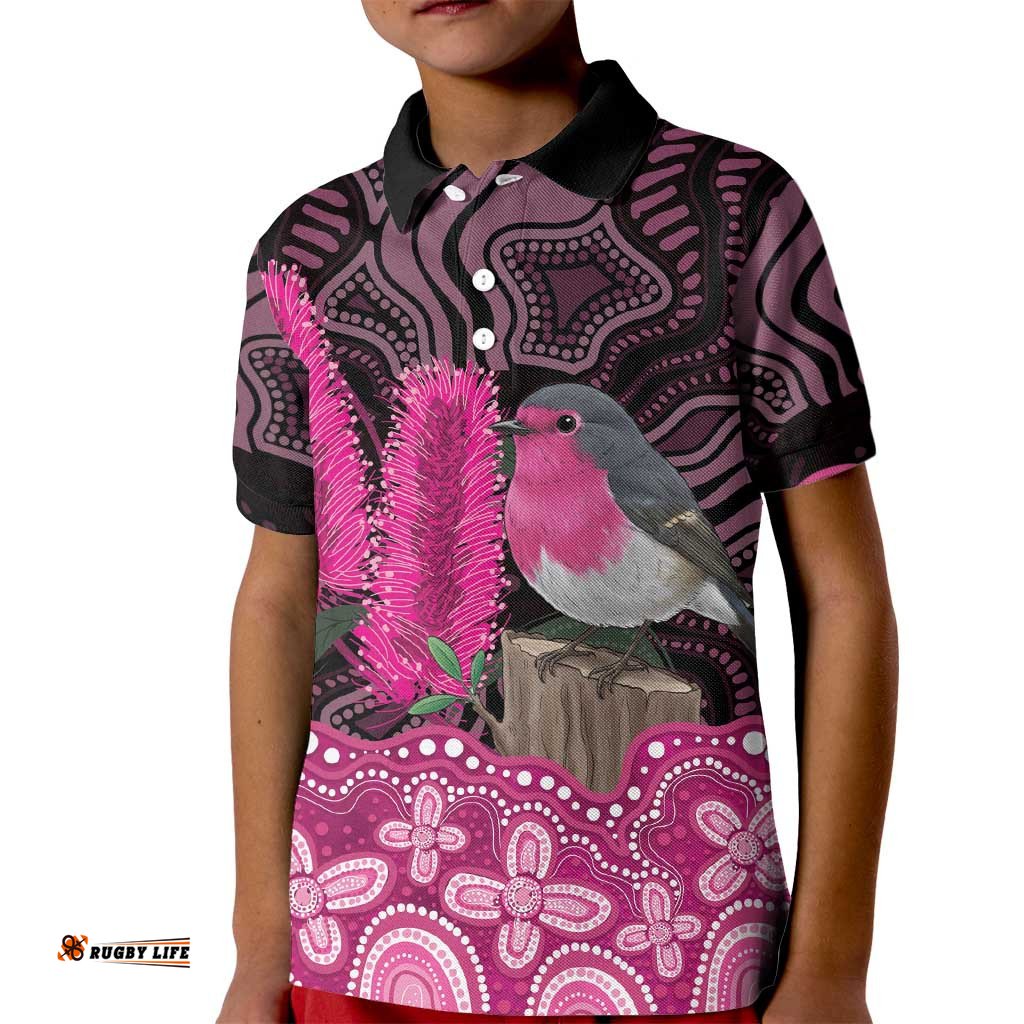 Australia Indigenous Kid Polo Shirt Breast Cancer Pink Robin Bottlebrush Aboriginal Art LT14