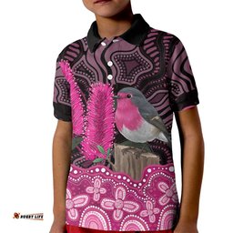 Australia Indigenous Kid Polo Shirt Breast Cancer Pink Robin Bottlebrush Aboriginal Art LT14