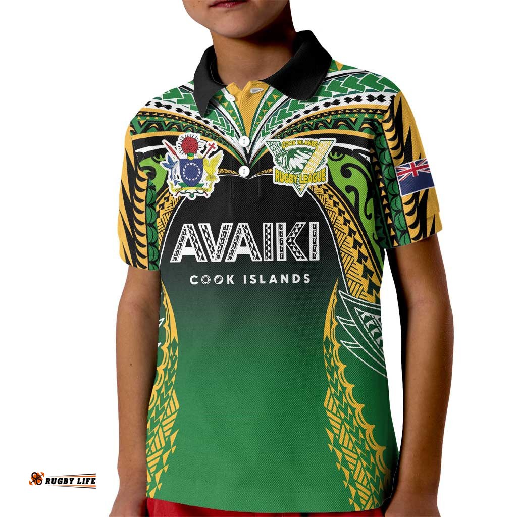 Custom Cook Islands Rugby League Kid Polo Shirt Avaiki Tatau Tribal Motifs Black Color LT03