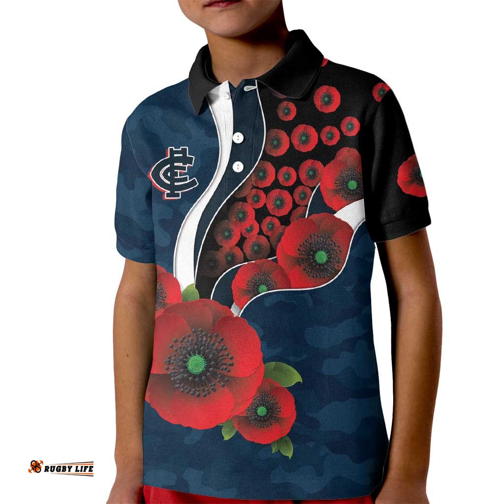 Carlton Blues ANZAC Personalised Kid Polo Shirt Lest We Forget Poppy Camo LT9