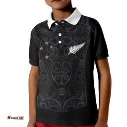 Custom Aotearoa Rugby Kid Polo Shirt Fern Blacks-Traditional Maori Motifs Design LT03