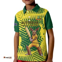 Custom Australia Cricket Kid Polo Shirt Aussie Baggy Greens - Kangaroo Mascot Style LT14