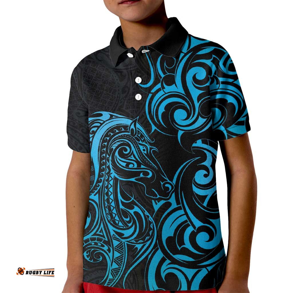 Blue Aoteara Horse Racing Kid Polo Shirt NZ Maori Pattern LT14