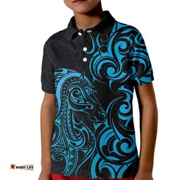 Blue Aoteara Horse Racing Kid Polo Shirt NZ Maori Pattern LT14