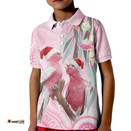 Australia Funny Pink Galah Christmas Kid Polo Shirt Aboriginal Eucalyptus Blossoms Watercolor LT14
