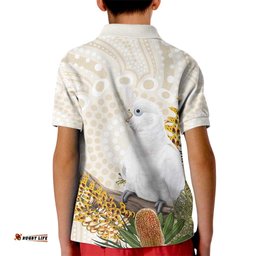 Australia Little Corella Kid Polo Shirt Cacatua Sanguinea Western Grevillea Aboriginal Art LT14