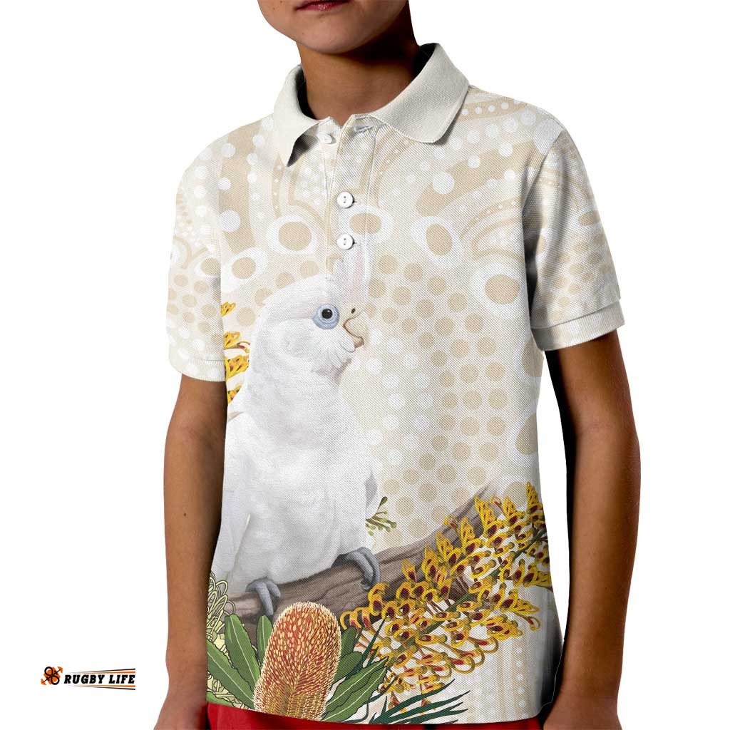 Australia Little Corella Kid Polo Shirt Cacatua Sanguinea Western Grevillea Aboriginal Art LT14