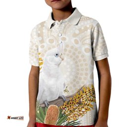 Australia Little Corella Kid Polo Shirt Cacatua Sanguinea Western Grevillea Aboriginal Art LT14