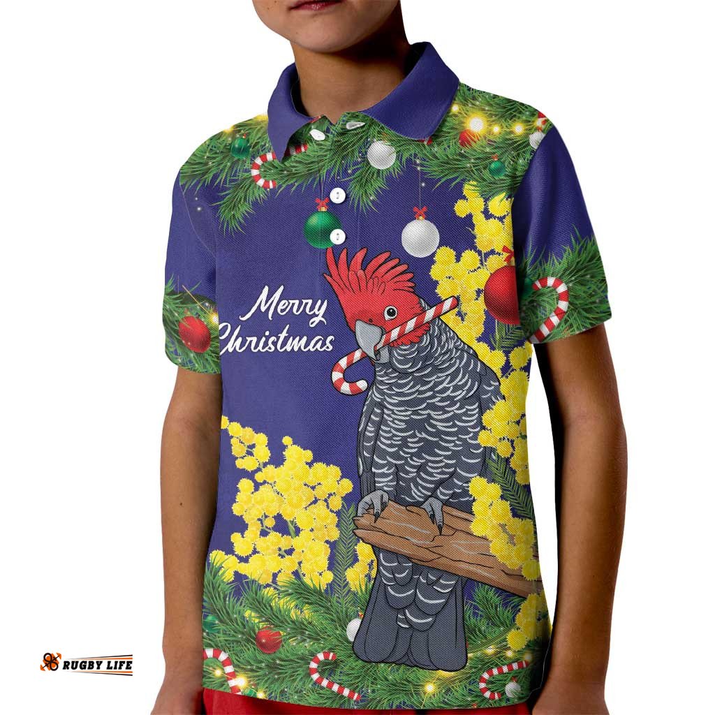 Australia Gang-gang Cockatoo Christmas Kid Polo Shirt Callocephalon Fimbriatum Golden Wattle Blue LT14