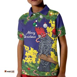 Australia Gang-gang Cockatoo Christmas Kid Polo Shirt Callocephalon Fimbriatum Golden Wattle Blue LT14