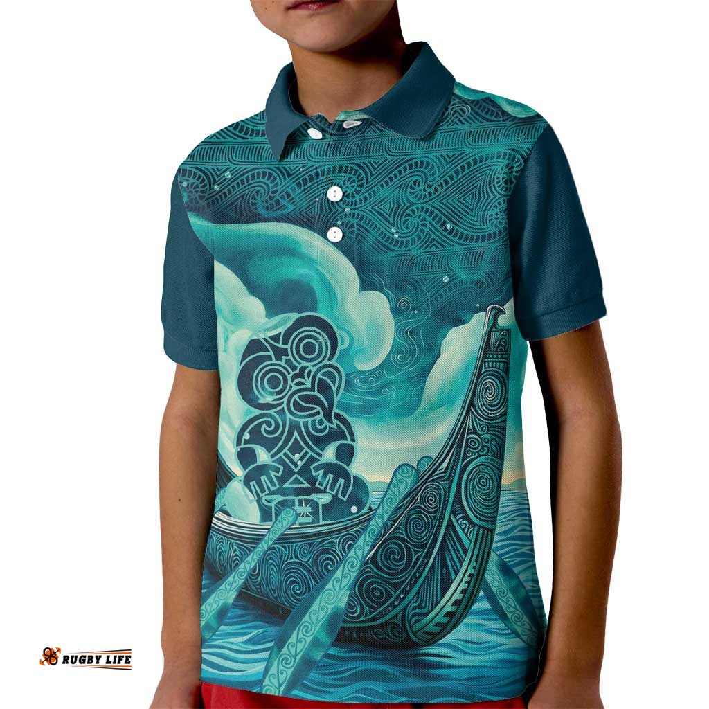 Personalised New Zealand Waitangi Day Kid Polo Shirt Hei Tiki With Maori Waka - Whakarare Pattern LT14