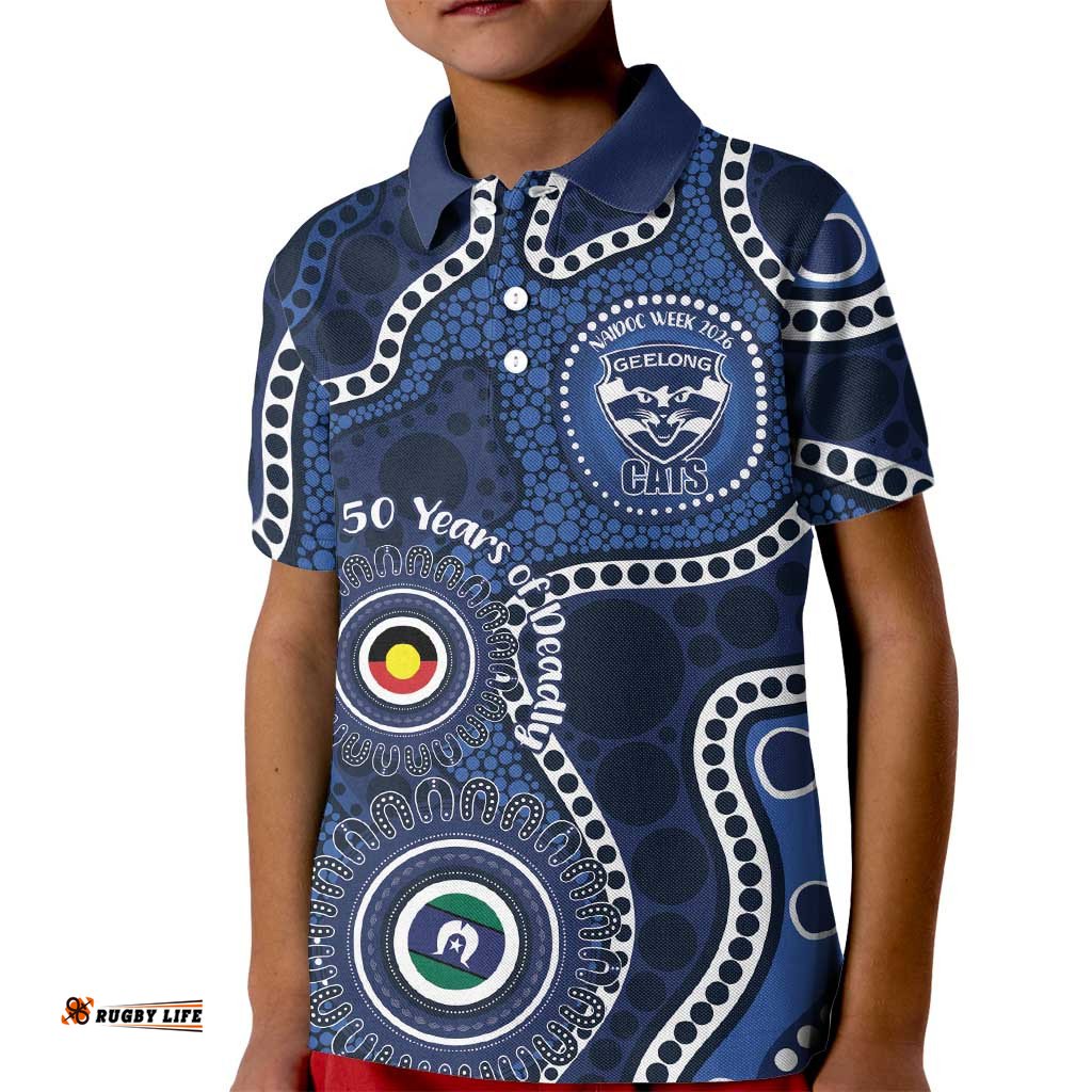 Geelong Cats NAIDOC Week 2026 Personalised Kid Polo Shirt 50 Years of Deadly Aboriginal Art LT14