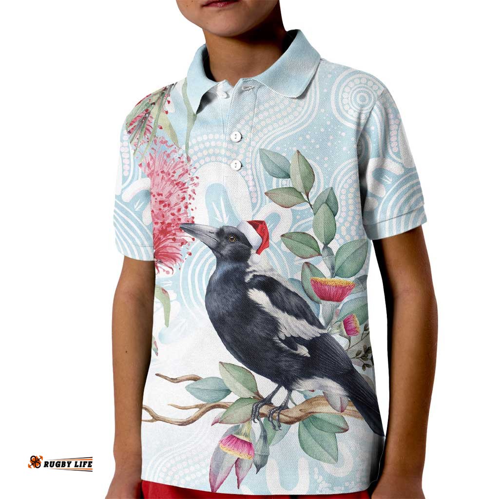 Australia Magpie Christmas Kid Polo Shirt Eucalyptus Aboriginal Watercolor Stylized LT14