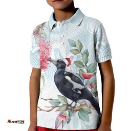 Australia Magpie Christmas Kid Polo Shirt Eucalyptus Aboriginal Watercolor Stylized LT14