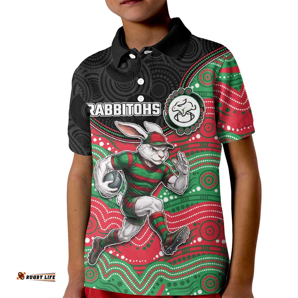 Custom Rabbitohs Kid Polo Shirt Rabbit Mascot With Aboriginal Indigenous DT05