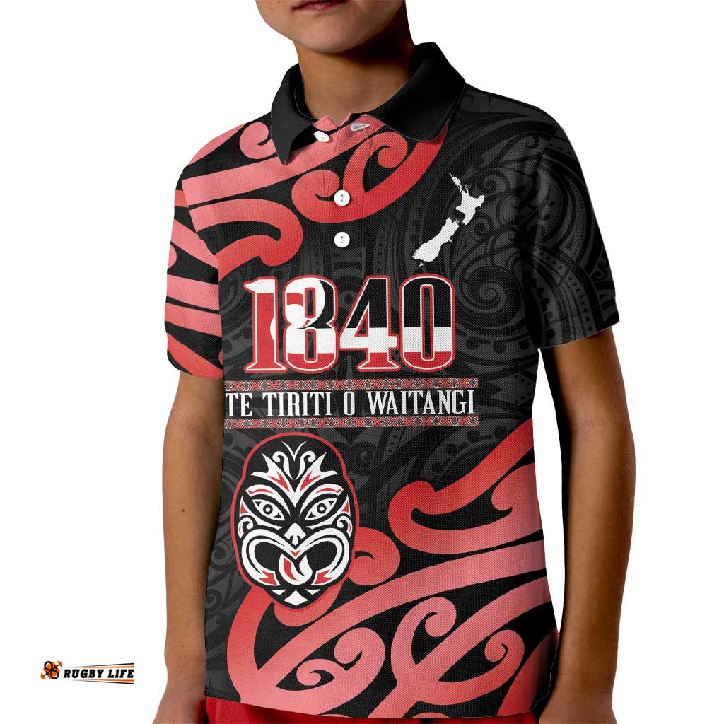 New Zealand 1840 Waitangi Day Kid Polo Shirt Aotearoa Haka Mask - Red Version LT14