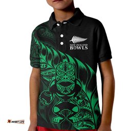 New Zealand Lawn Bowls Custom Kid Polo Shirt Green Maori Warrior Tribal Silver Fern LT9