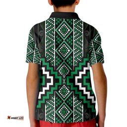 Jade Tukutuku Pattern Aotearoa Kid Polo Shirt Niho Taniwha and Puhoro Motifs LT7