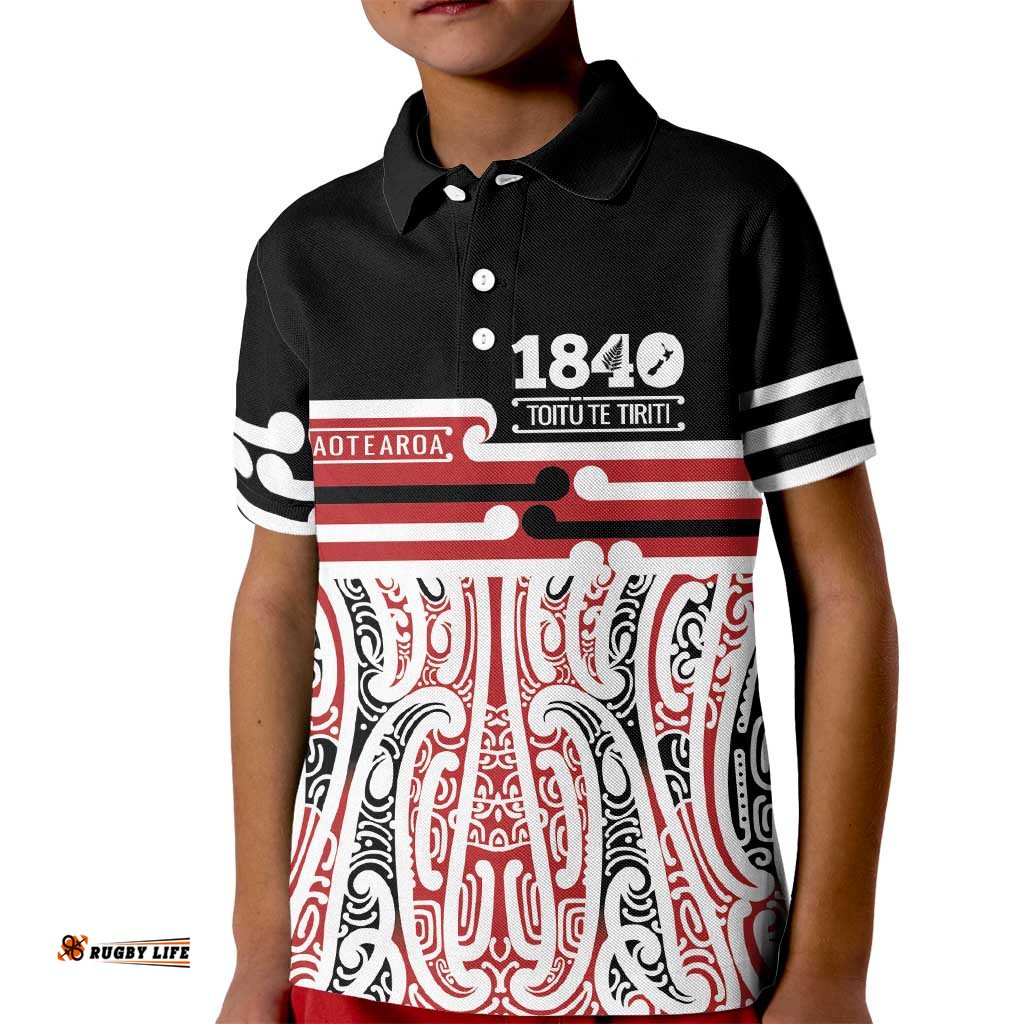 Personalised Toitu Te Tiriti Aotearoa 1840 Kid Polo Shirt Red Kowhaiwhai Puhoro LT9