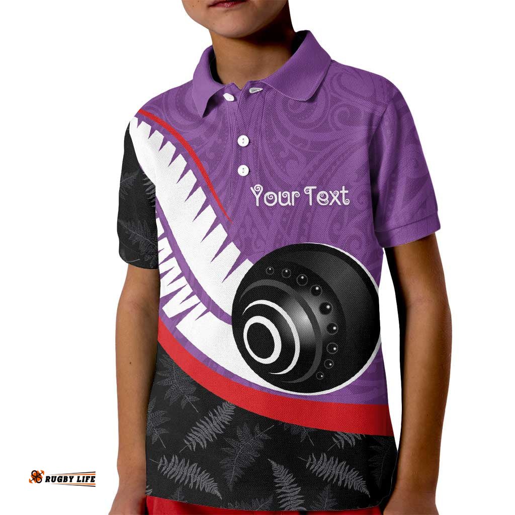 Personalised Aotearoa Lawn Bowls Kid Polo Shirt Maori and Silver Fern Sporty Style Purple Color LT03