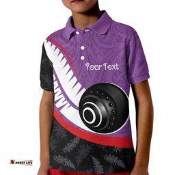 Personalised Aotearoa Lawn Bowls Kid Polo Shirt Maori and Silver Fern Sporty Style Purple Color LT03