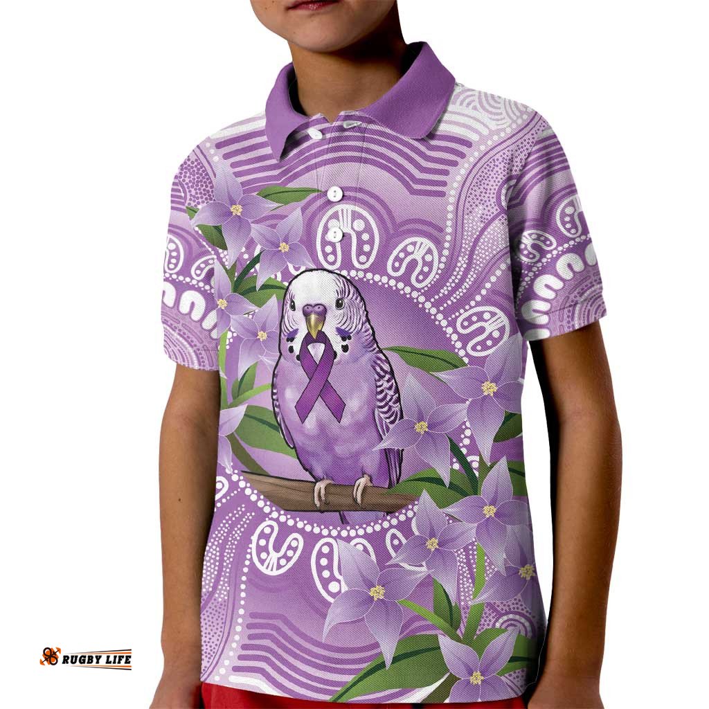Epilepsy Awareness Budgerigar Australia Kid Polo Shirt Budgie Purple Ribbon Boronia Aboriginal LT14