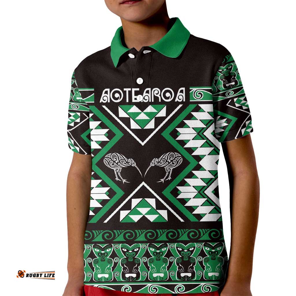 Personalised Taniko Motifs Aotearoa Kid Polo Shirt Waitangi Kowhaiwhai Kiwi - Green LT7
