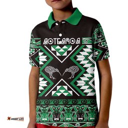 Personalised Taniko Motifs Aotearoa Kid Polo Shirt Waitangi Kowhaiwhai Kiwi - Green LT7