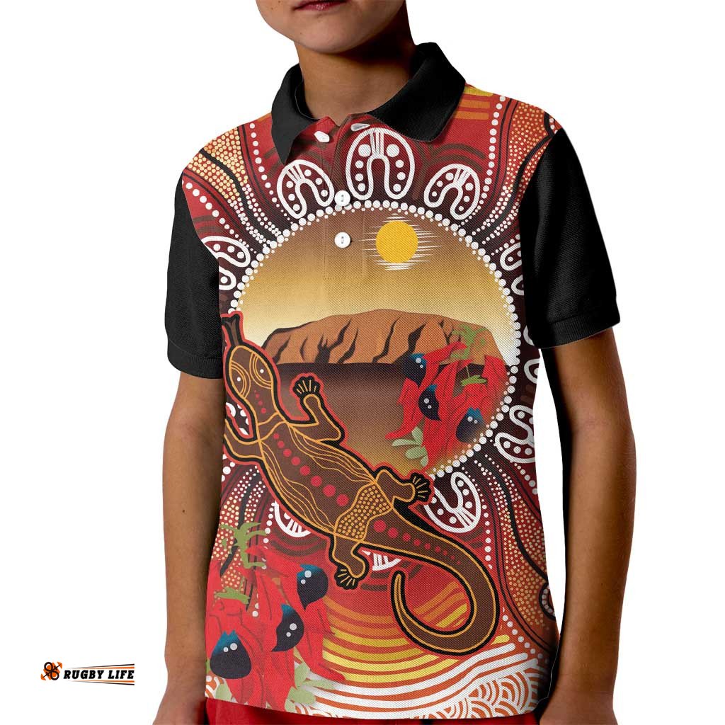 Indigenous Goanna Australia Kid Polo Shirt Aussie Uluru Ayers Rock Sturt's Desert Pea LT14