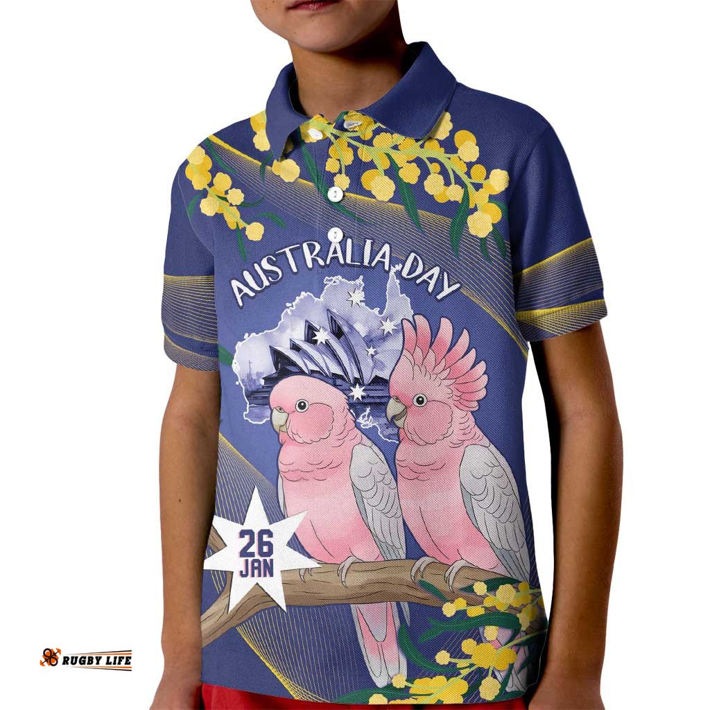 Personalised Pink Galah Australia Day Kid Polo Shirt 26th January Golden Wattle Flag Color LT14