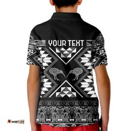 Personalised Taniko Motifs Aotearoa Kid Polo Shirt Waitangi Kowhaiwhai Kiwi - Monochrome LT7