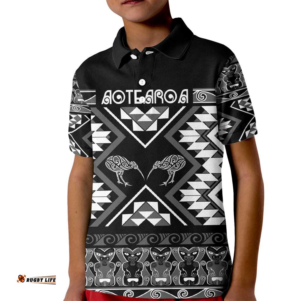 Personalised Taniko Motifs Aotearoa Kid Polo Shirt Waitangi Kowhaiwhai Kiwi - Monochrome LT7