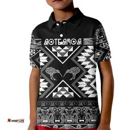 Personalised Taniko Motifs Aotearoa Kid Polo Shirt Waitangi Kowhaiwhai Kiwi - Monochrome LT7