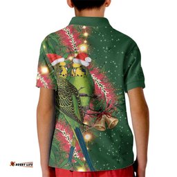 Green Budgerigars on Callistemon Kid Polo Shirt Merry Christmas Aussie LT7
