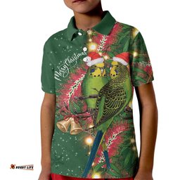 Green Budgerigars on Callistemon Kid Polo Shirt Merry Christmas Aussie LT7