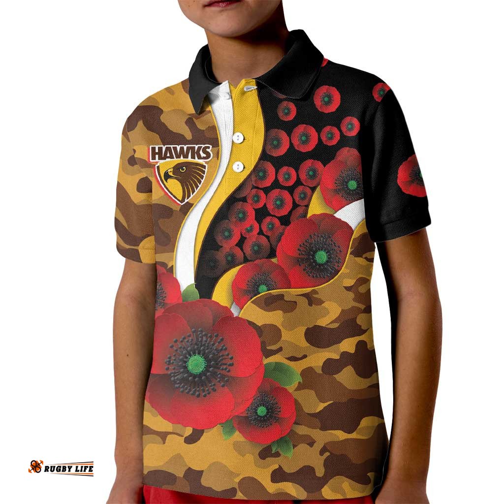 Hawthorn Hawks ANZAC Personalised Kid Polo Shirt Lest We Forget Poppy Camo LT9