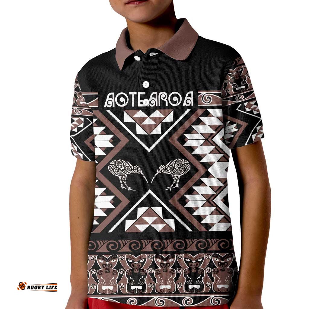 Personalised Taniko Motifs Aotearoa Kid Polo Shirt Waitangi Kowhaiwhai Kiwi - Mocha LT7