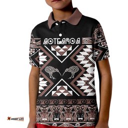 Personalised Taniko Motifs Aotearoa Kid Polo Shirt Waitangi Kowhaiwhai Kiwi - Mocha LT7