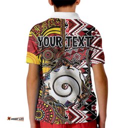 Personalised Aotearoa and Australia Together Kid Polo Shirt Koru and Kangaroo - Taniko with Aboriginal Motif LT03