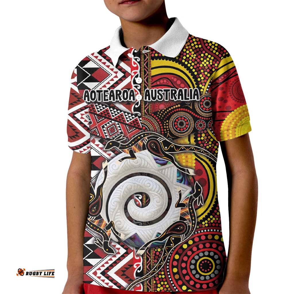 Personalised Aotearoa and Australia Together Kid Polo Shirt Koru and Kangaroo - Taniko with Aboriginal Motif LT03