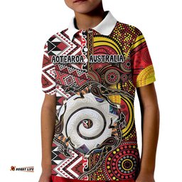 Personalised Aotearoa and Australia Together Kid Polo Shirt Koru and Kangaroo - Taniko with Aboriginal Motif LT03